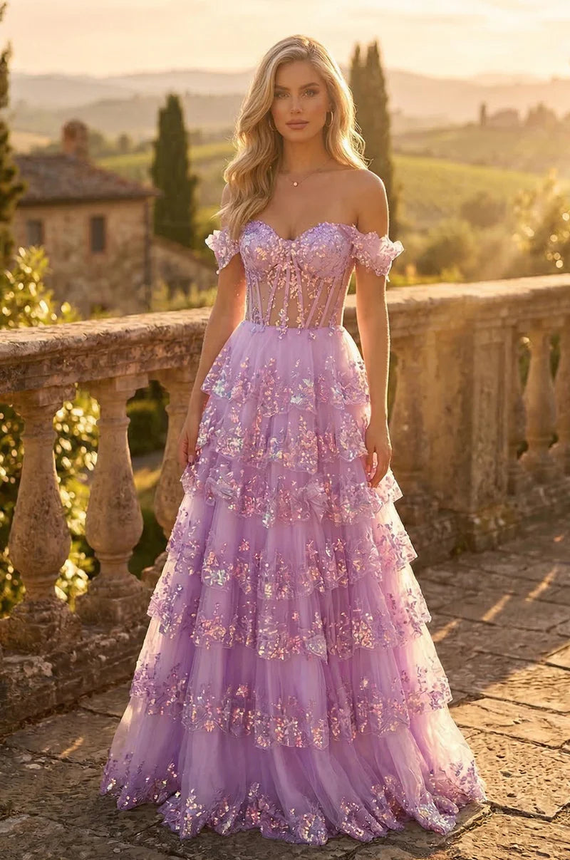 Vestido de fiesta largo de tul con lentejuelas, encaje y volantes, corte A, hombros descubiertos