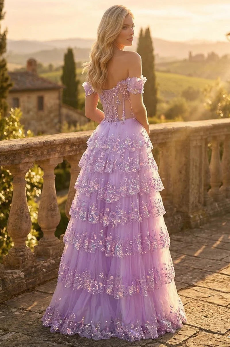 Vestido de fiesta largo de tul con lentejuelas, encaje y volantes, corte A, hombros descubiertos