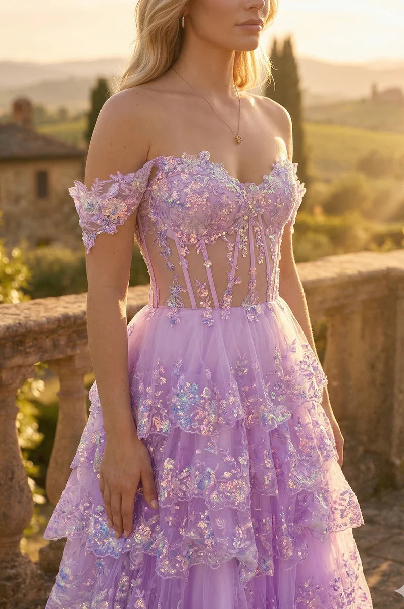Vestido de fiesta largo de tul con lentejuelas, encaje y volantes, corte A, hombros descubiertos