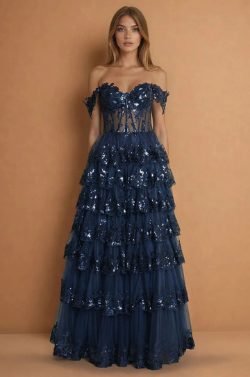 Vestido de fiesta largo de tul con lentejuelas, encaje y volantes, corte A, hombros descubiertos