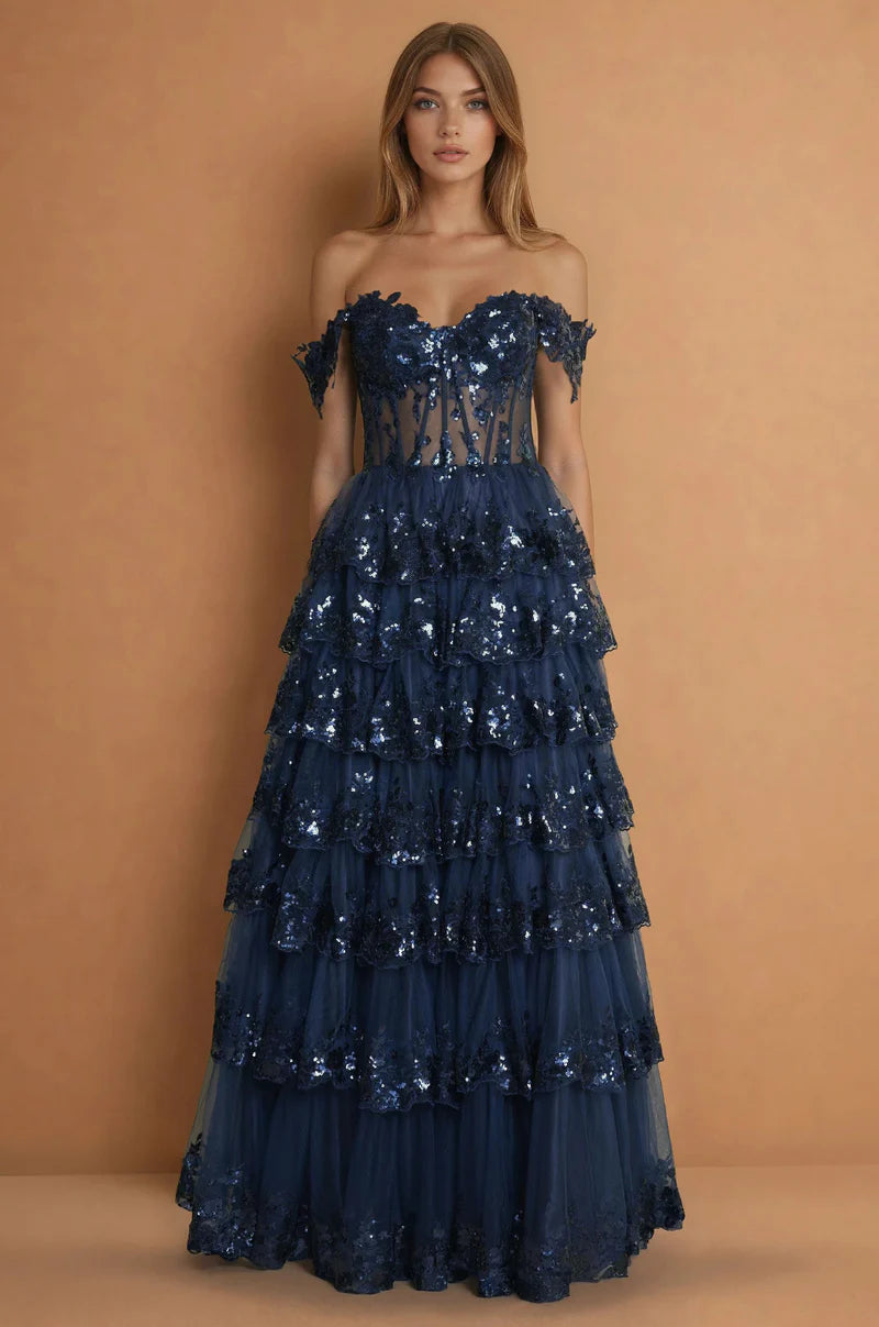 Vestido de fiesta largo de tul con lentejuelas, encaje y volantes, corte A, hombros descubiertos