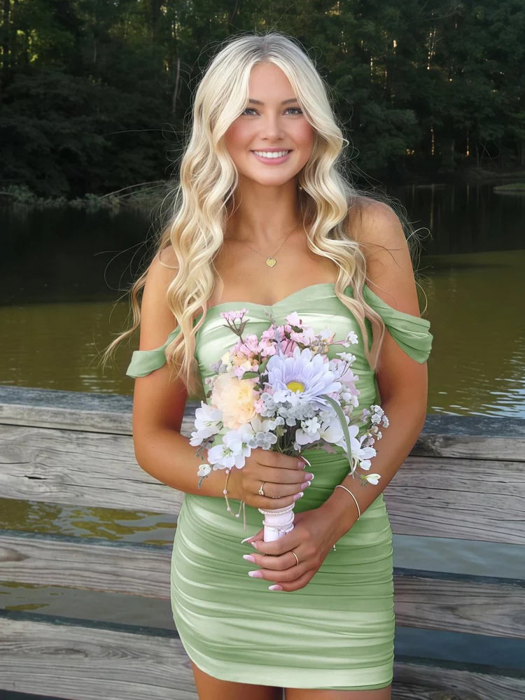 Off Shoulder Twist Neck Mesh Ruched Mini Bodycon Homecoming Dress