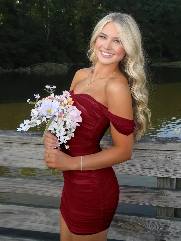 Off Shoulder Twist Neck Mesh Ruched Mini Bodycon Homecoming Dress