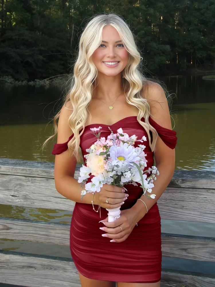 Off Shoulder Twist Neck Mesh Ruched Mini Bodycon Homecoming Dress