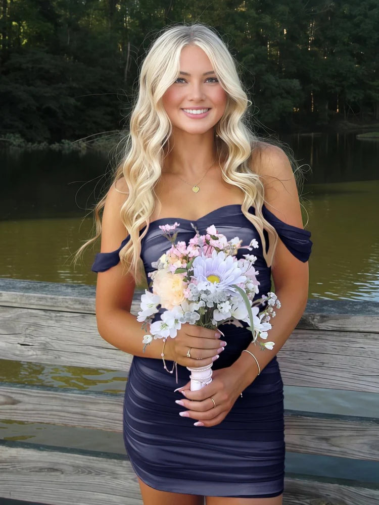 Off Shoulder Twist Neck Mesh Ruched Mini Bodycon Homecoming Dress
