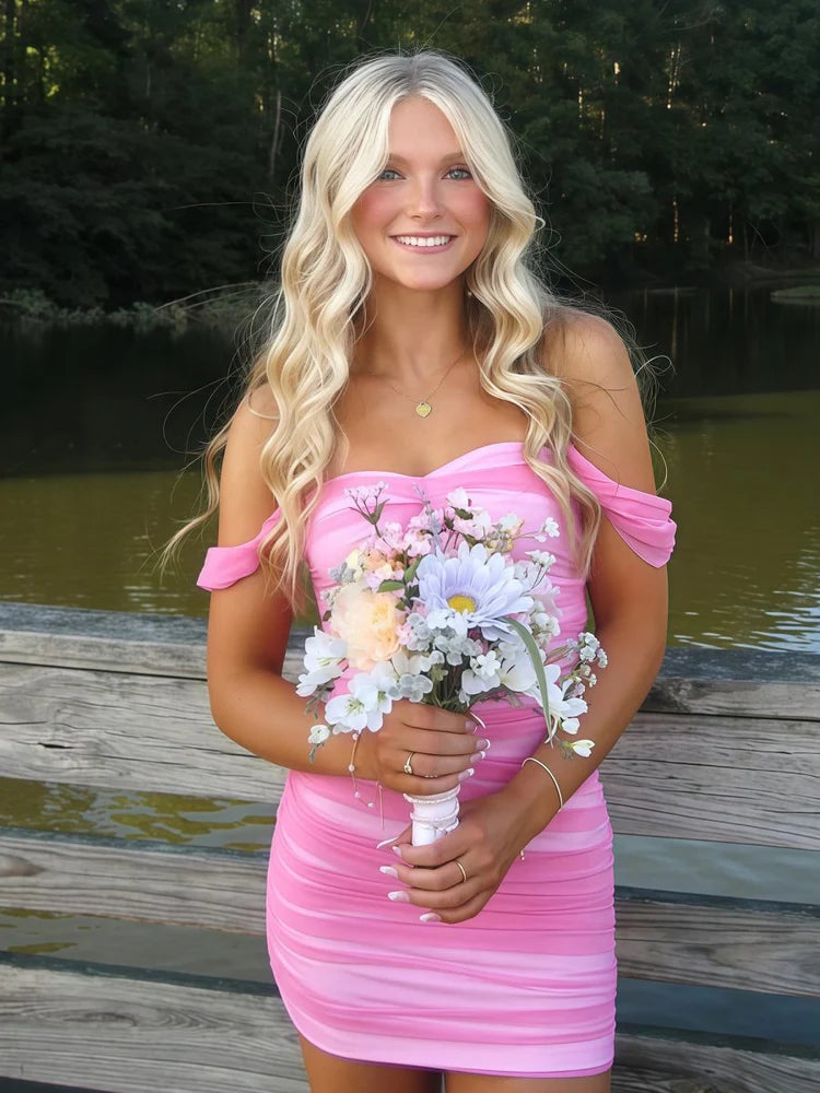 Off Shoulder Twist Neck Mesh Ruched Mini Bodycon Homecoming Dress