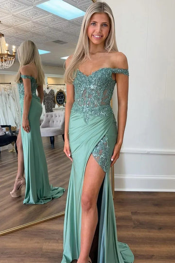 Off-The-Shoulder Sweetheart Beaded Lace Sheer Corset Ruched Satin High Slit Floor Length Prom Evening Gown