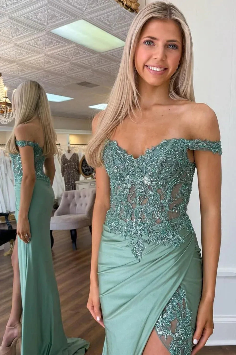 Off-The-Shoulder Sweetheart Beaded Lace Sheer Corset Ruched Satin High Slit Floor Length Prom Evening Gown