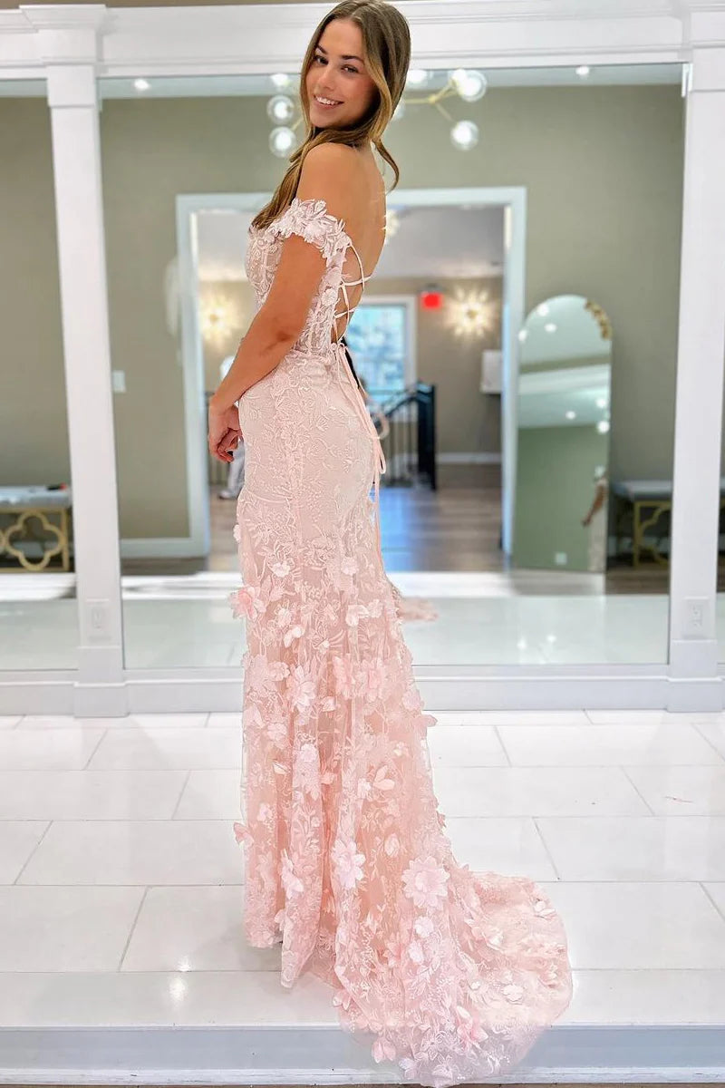 Elegante Vestido de Fiesta Sirena sin Hombros con Apliques de Encaje, Espalda con Lazos y Tren con Abertura Alta
