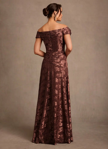 Elegant A-Line Off-the-Shoulder Jacquard Maxi Rosette Formal Mother of the Bride Dress