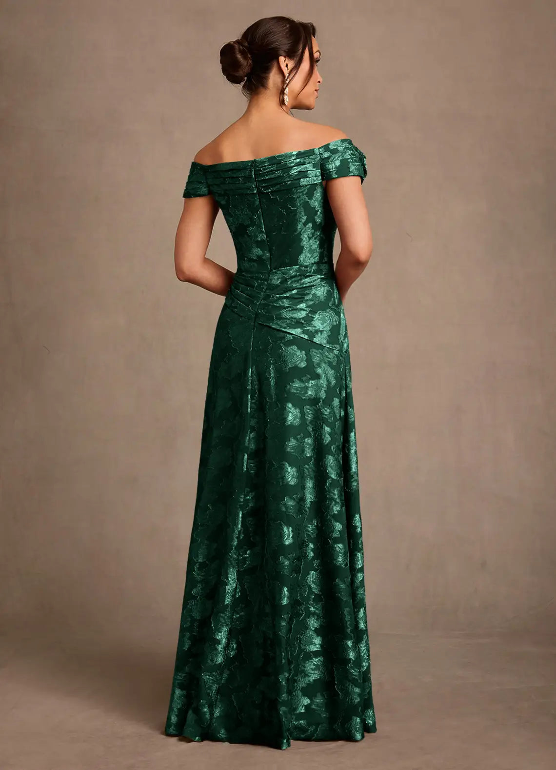 Elegant A-Line Off-the-Shoulder Jacquard Maxi Rosette Formal Mother of the Bride Dress