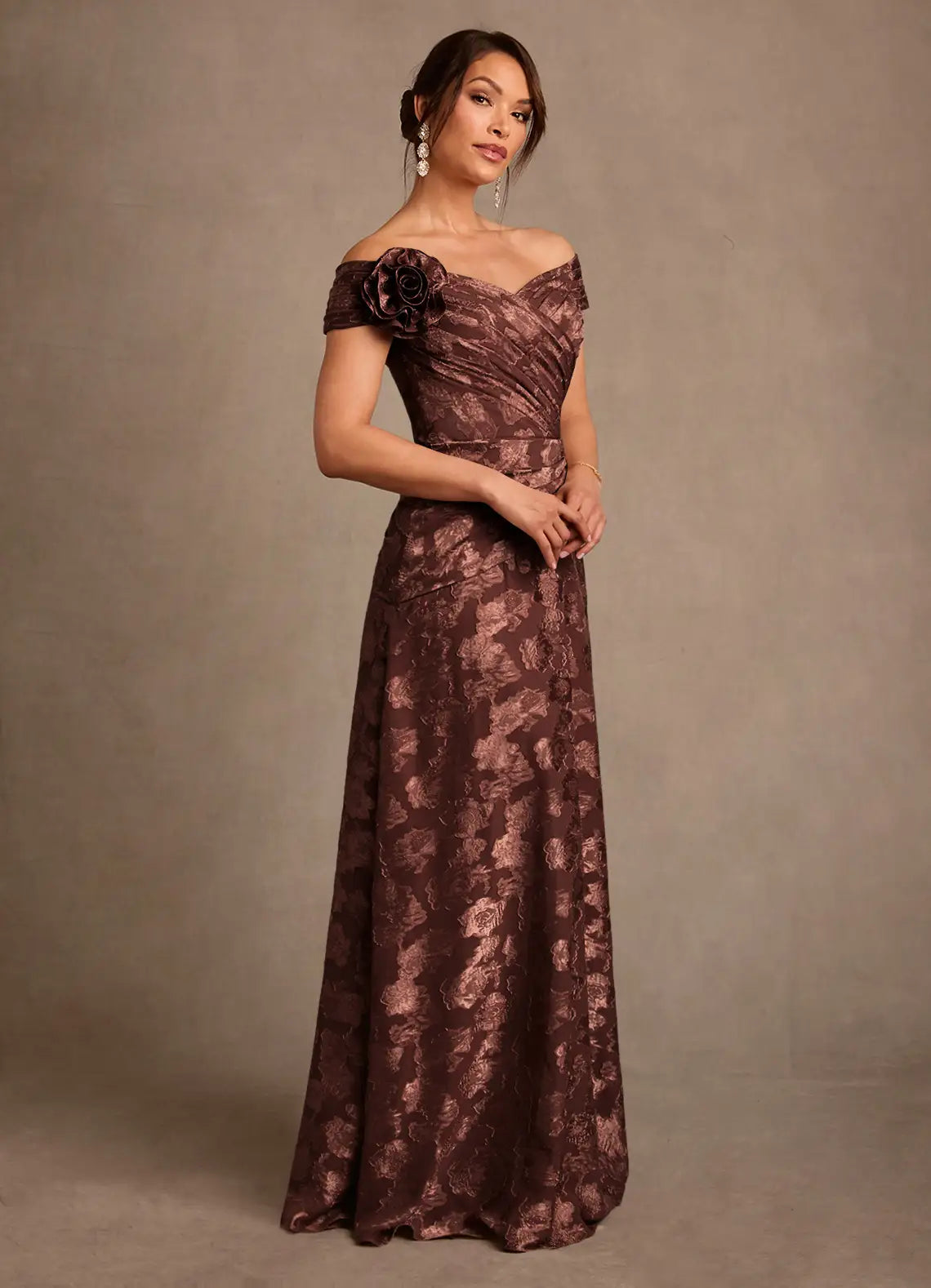 Elegant A-Line Off-the-Shoulder Jacquard Maxi Rosette Formal Mother of the Bride Dress