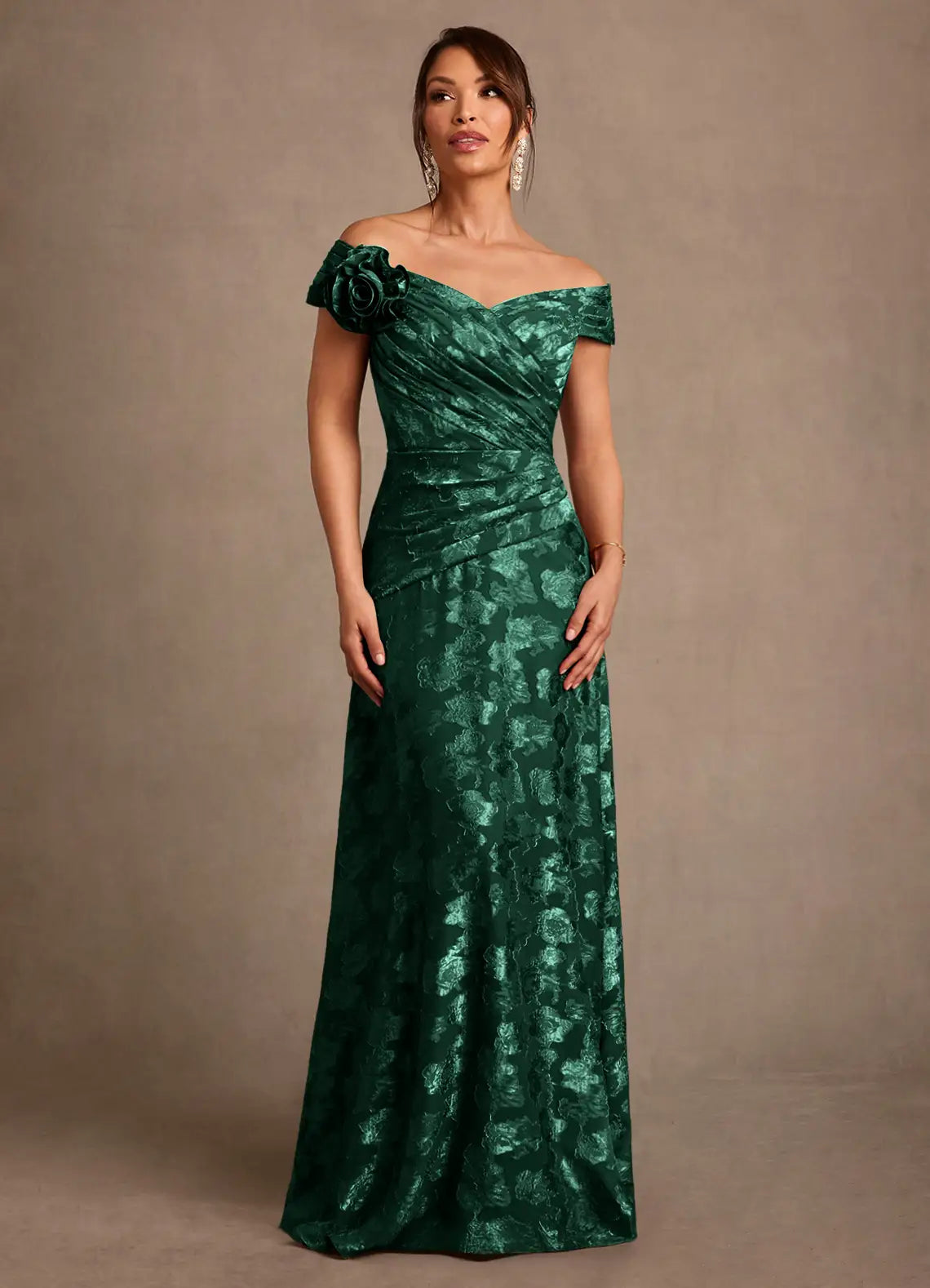 Elegant A-Line Off-the-Shoulder Jacquard Maxi Rosette Formal Mother of the Bride Dress