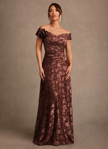 Elegant A-Line Off-the-Shoulder Jacquard Maxi Rosette Formal Mother of the Bride Dress