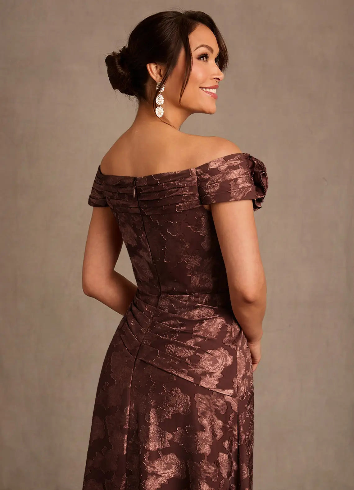 Elegant A-Line Off-the-Shoulder Jacquard Maxi Rosette Formal Mother of the Bride Dress
