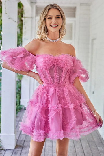 Flowy A-line Corset Off-the-Shoulder Puff-Sleeve Tulle Homecoming Dress
