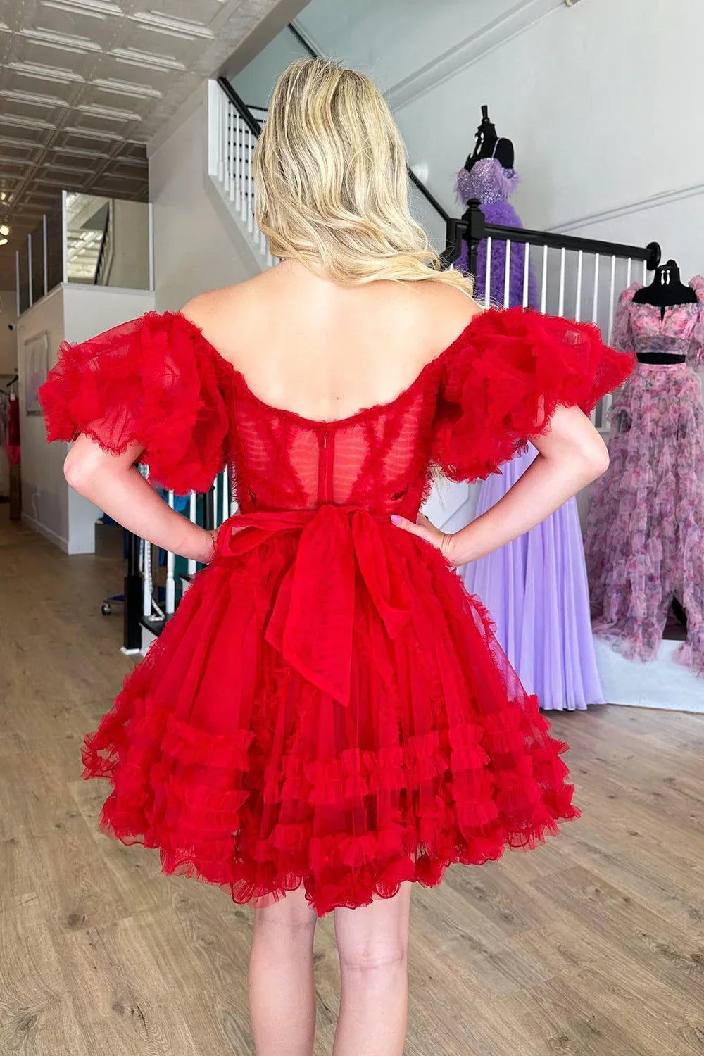 Flowy A-line Corset Off-the-Shoulder Puff-Sleeve Tulle Homecoming Dress