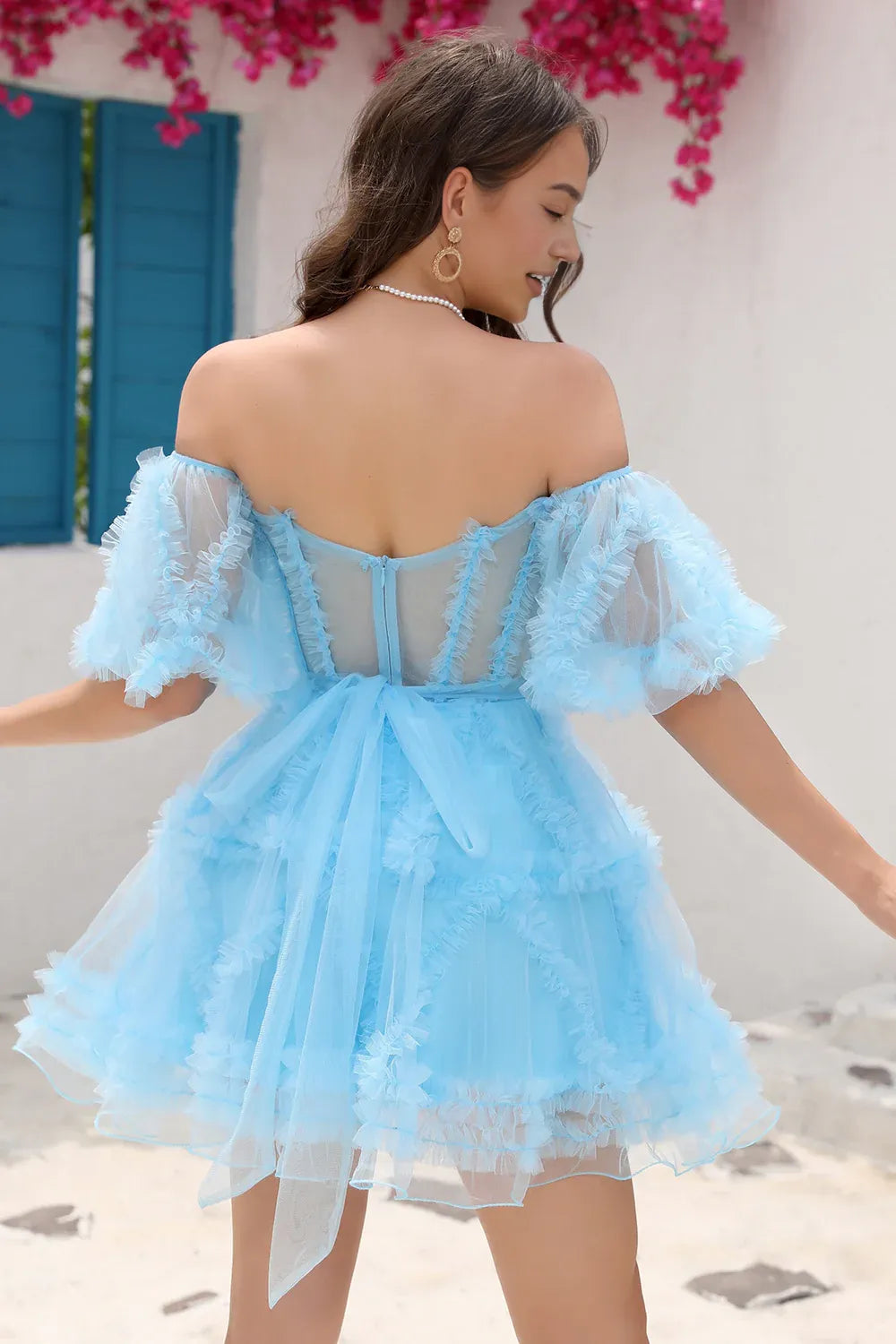 Flowy A-line Corset Off-the-Shoulder Puff-Sleeve Tulle Homecoming Dress