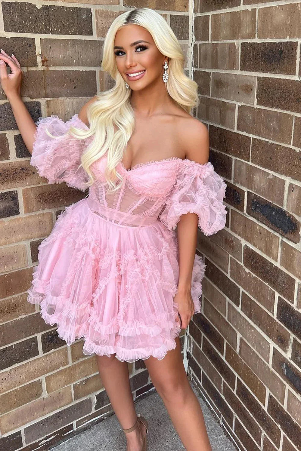 Flowy A-line Corset Off-the-Shoulder Puff-Sleeve Tulle Homecoming Dress