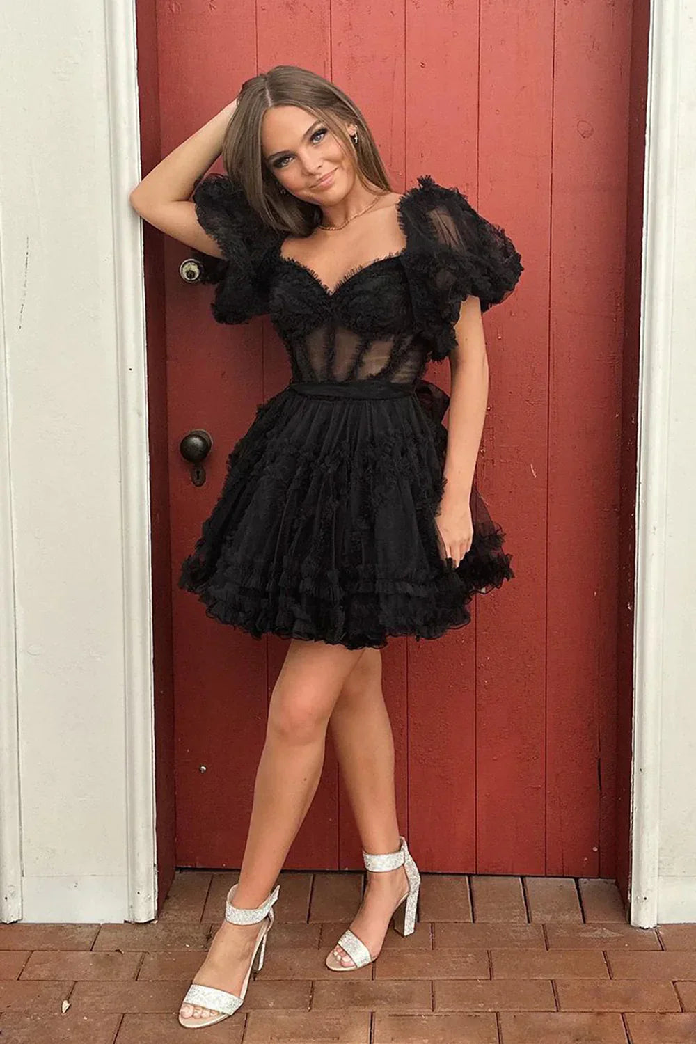 Flowy A-line Corset Off-the-Shoulder Puff-Sleeve Tulle Homecoming Dress