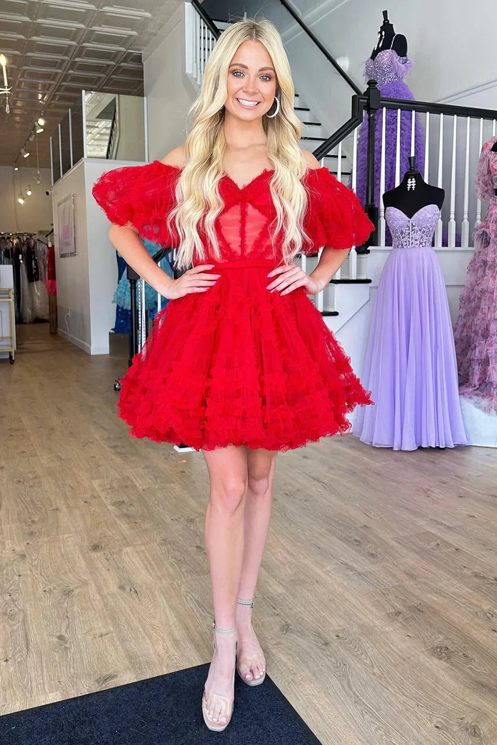 Flowy A-line Corset Off-the-Shoulder Puff-Sleeve Tulle Homecoming Dress