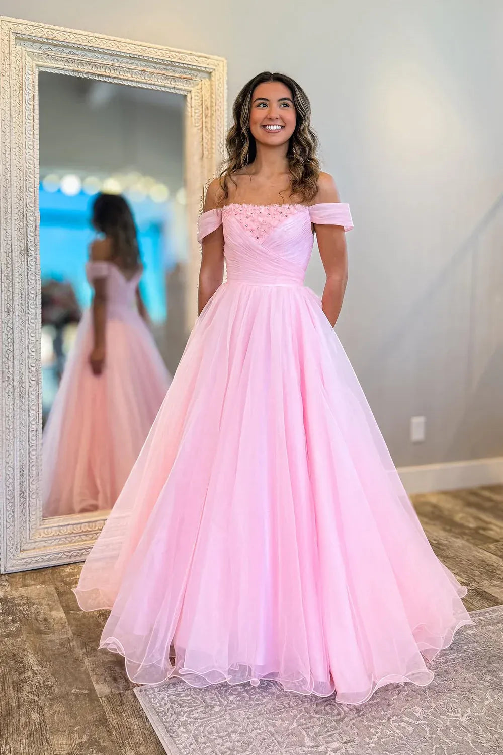 Off-the-Shoulder 3D Floral Rhinestone Ruched Tulle A-Line Floor Length Prom Evening Gown with Pockets