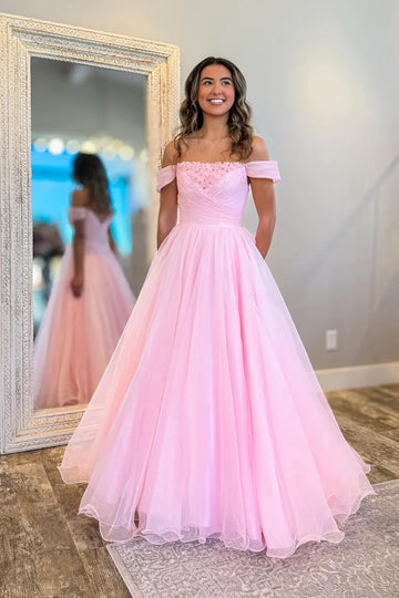 Off-the-Shoulder 3D Floral Rhinestone Ruched Tulle A-Line Floor Length Prom Evening Gown with Pockets