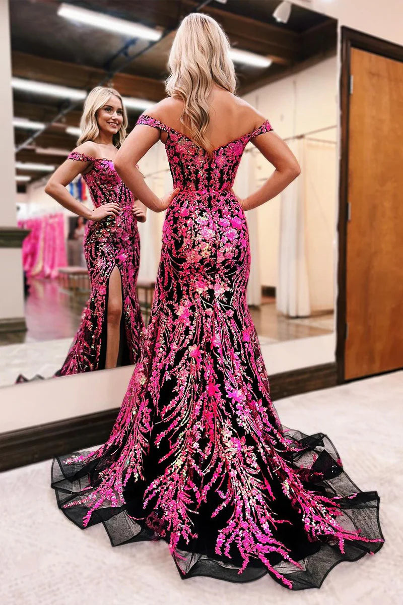 Deslumbrante vestido de noche sirena con hombros descubiertos, lentejuelas y abertura alta