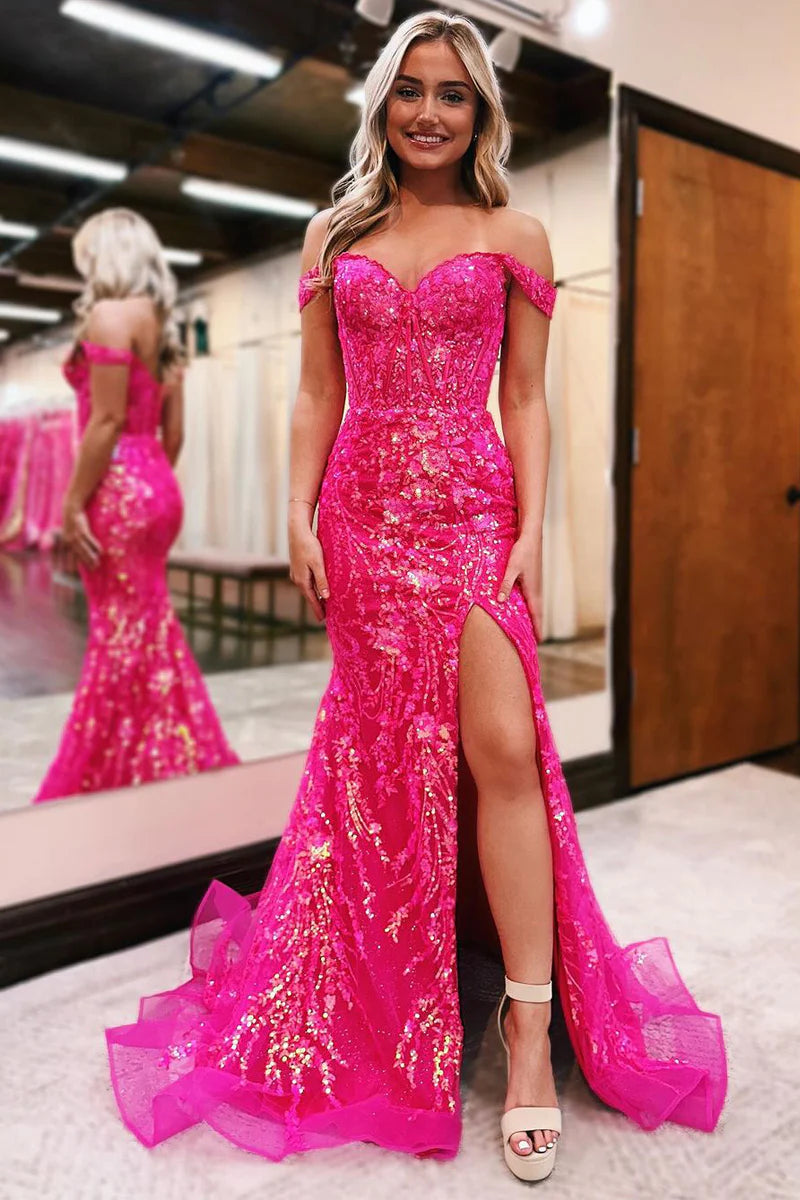 Deslumbrante vestido de noche sirena con hombros descubiertos, lentejuelas y abertura alta