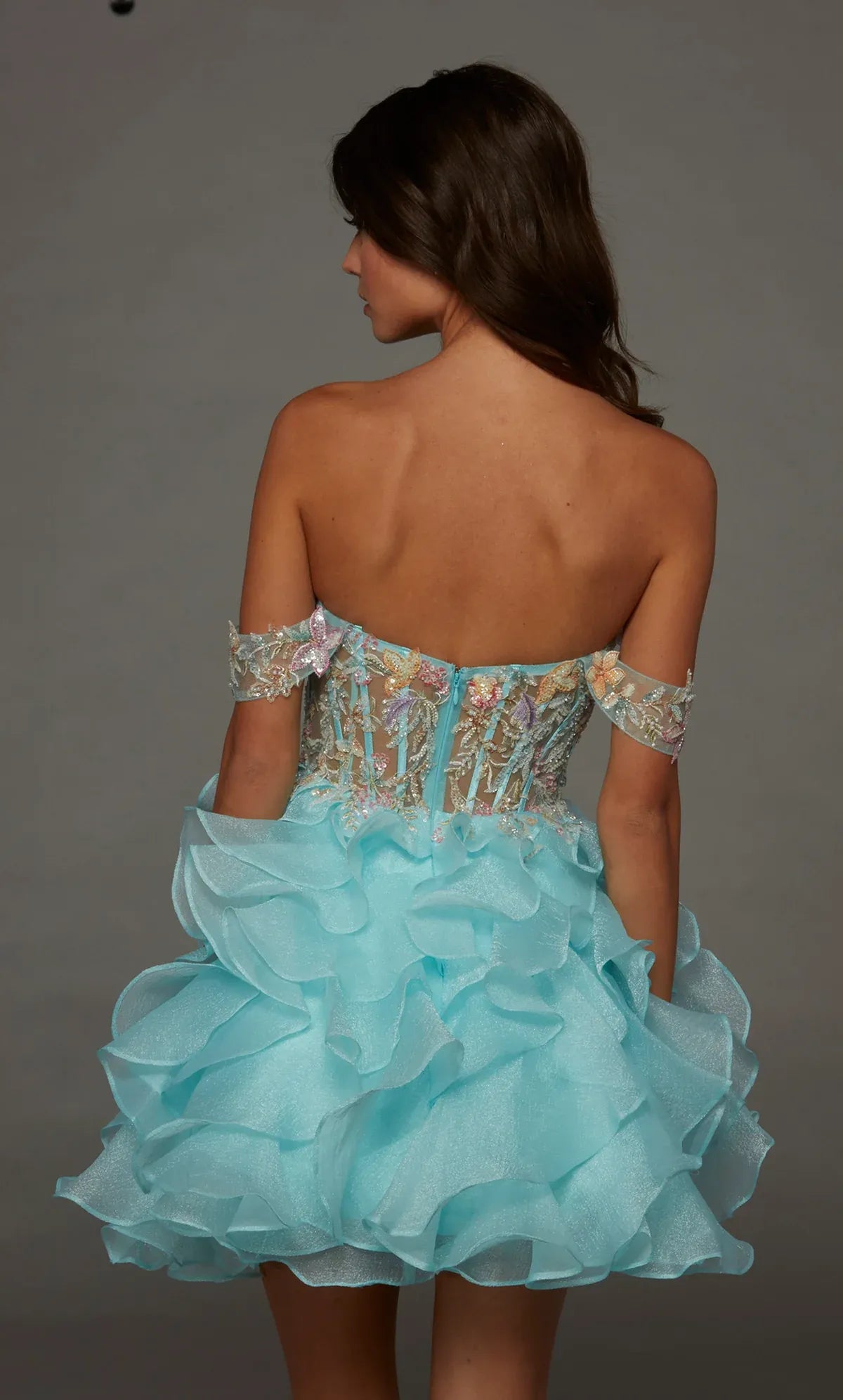 Off Shoulder Floral Beaded Corset Homecoming Dress Ruffled Organza Skirt
