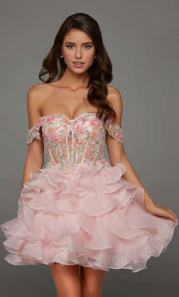 Off Shoulder Floral Beaded Corset Homecoming Dress Ruffled Organza Skirt