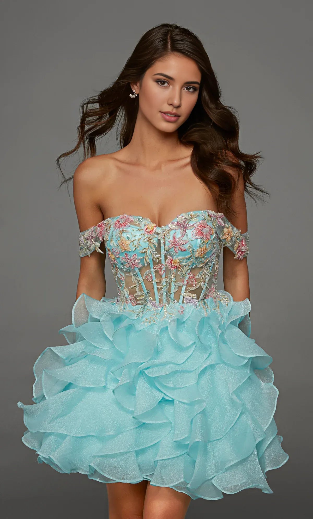 Off Shoulder Floral Beaded Corset Homecoming Dress Ruffled Organza Skirt