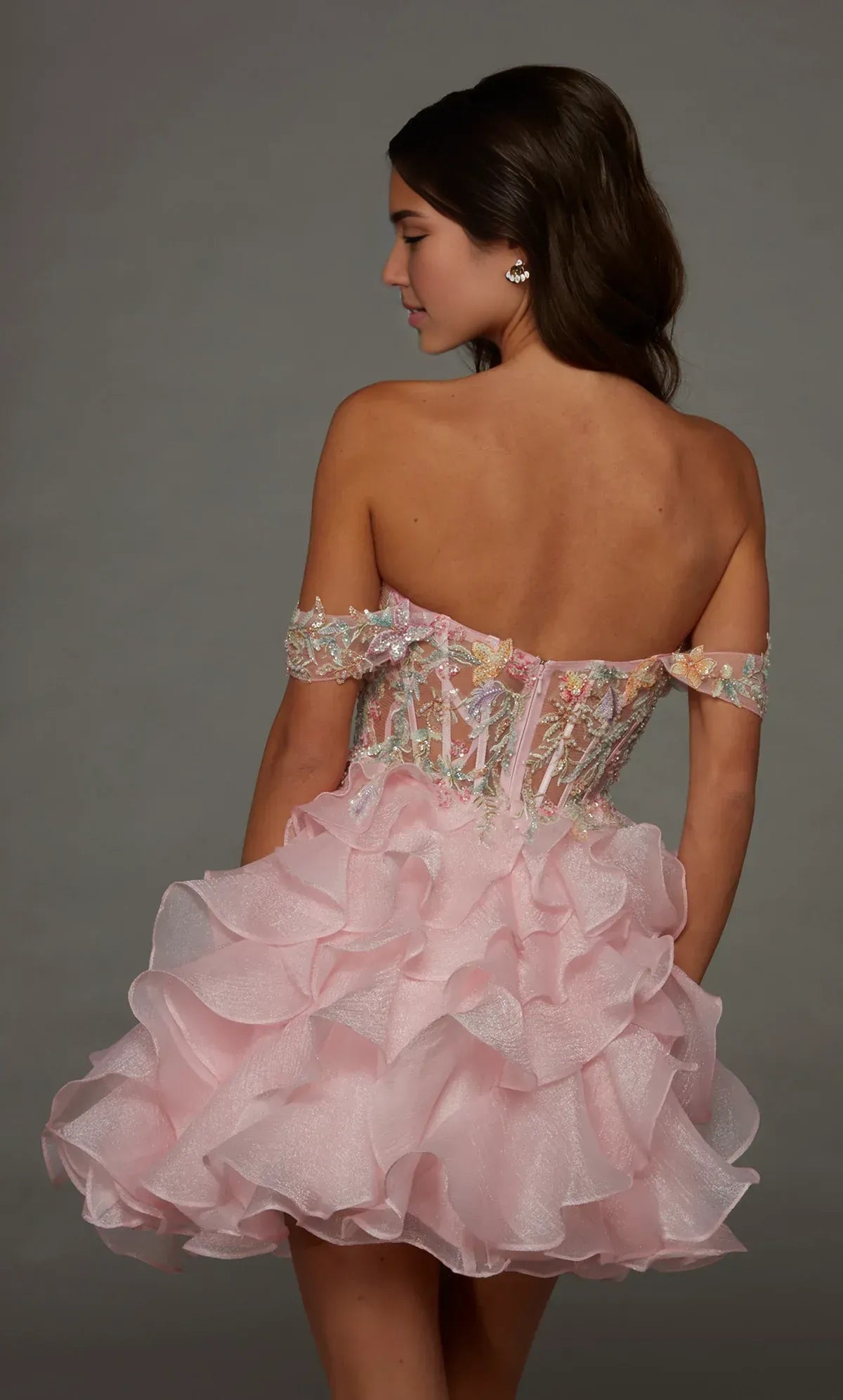 Off Shoulder Floral Beaded Corset Homecoming Dress Ruffled Organza Skirt