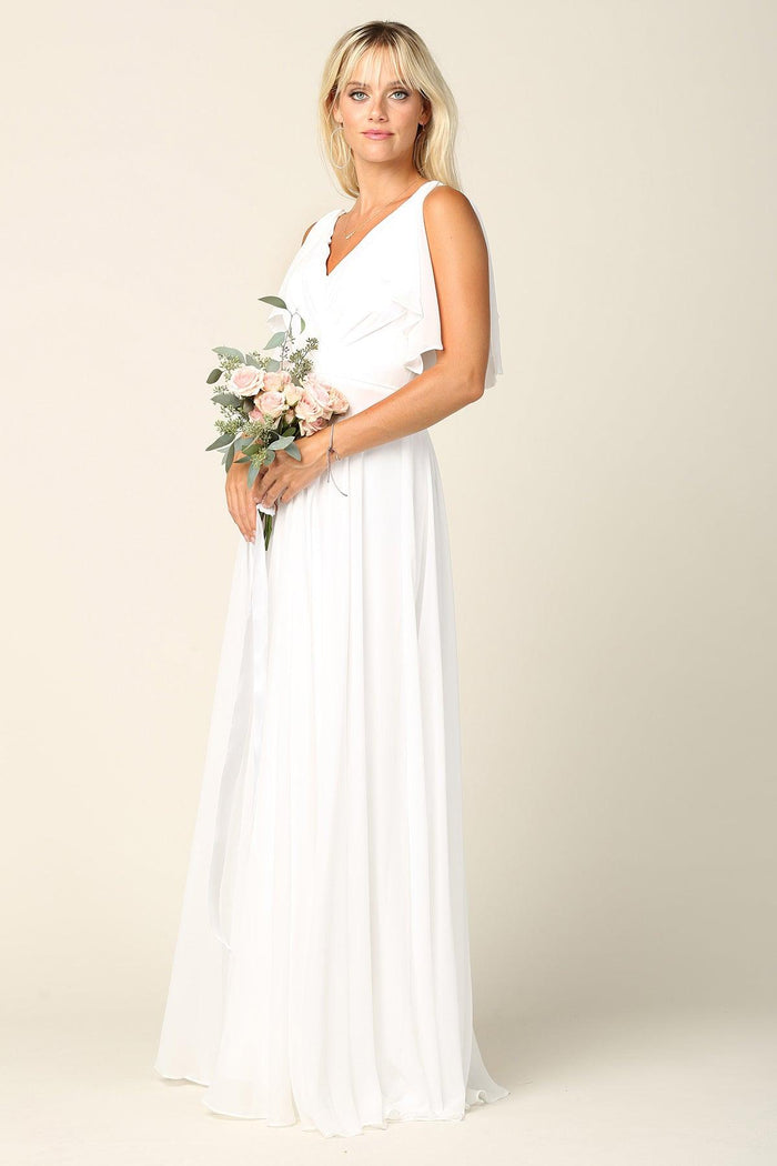 Women's V-Neck Chiffon Flutter Sleeve Ruffle Maxi Dress Long Formal Bridesmaids Dress