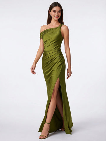 Vedress olive green satin bridesmaid dress,front view twisted one‑shoulder neck,ruched waist detail,mermaid skirt with high front slit,plain white studio background