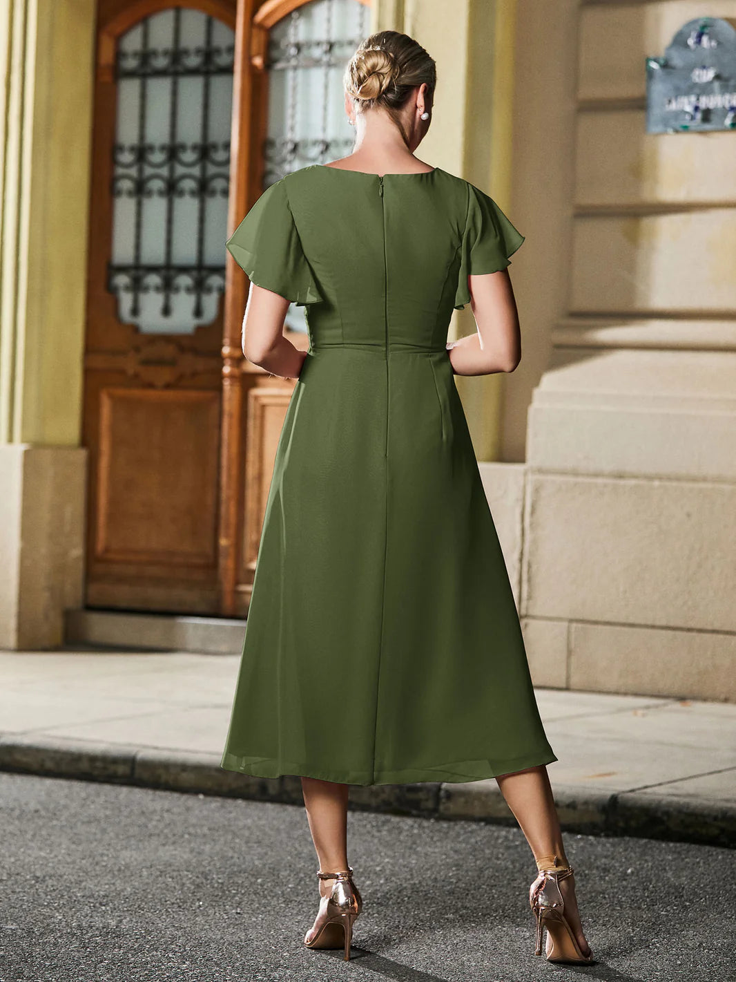 Chiffon Midi Dress - V-Neck Ruffle Sleeve A-Line Tea Length Cocktail Dress