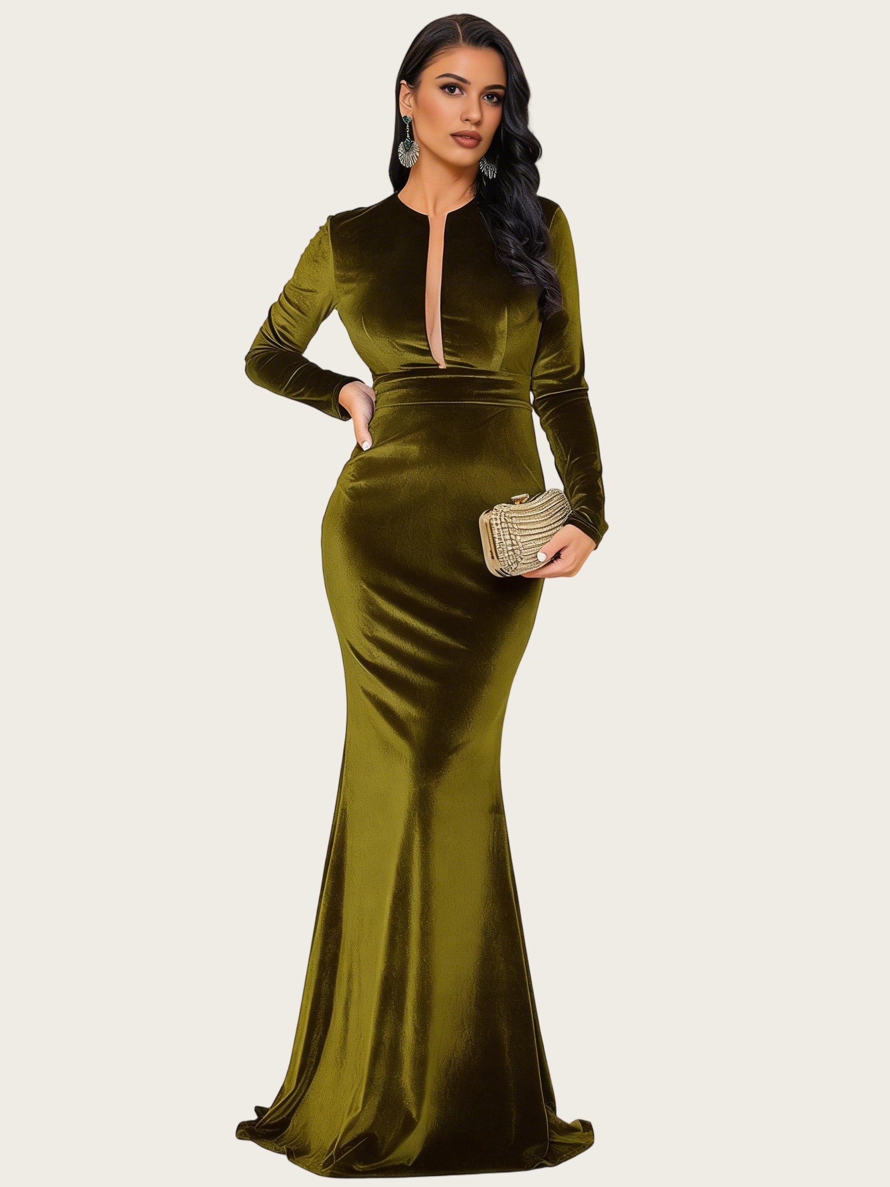 Women's Long Sleeve V-Neck Velvet Green Evening Dress Mermaid Party Wedding Guest Dresses