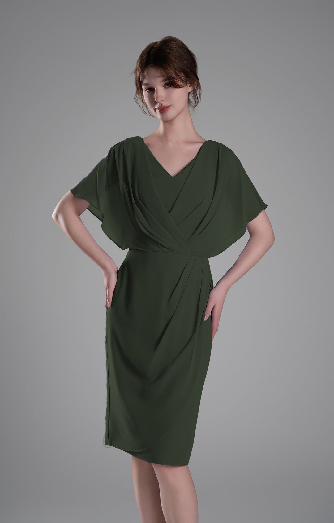 Elegant Chiffon Cocktail Dress V-Neck Pleated Cape Knee-length Flutter Sleeve Wedding Guest Dress with Ruched Waist