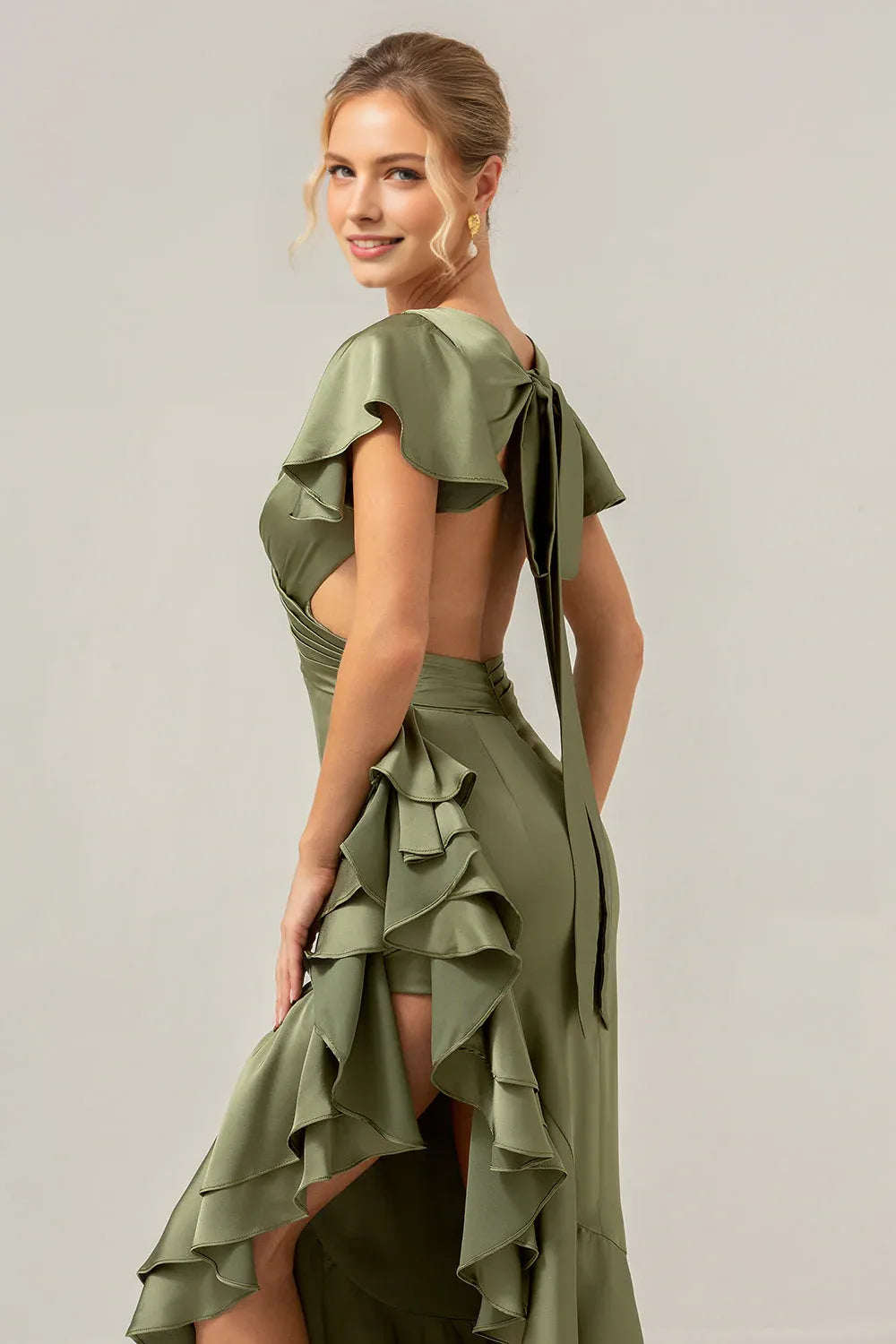 Refined Sheath V-Neck Flutter Sleeve Satin Side-Cutout Ruffle High-Low Formal Wedding Guest Dress