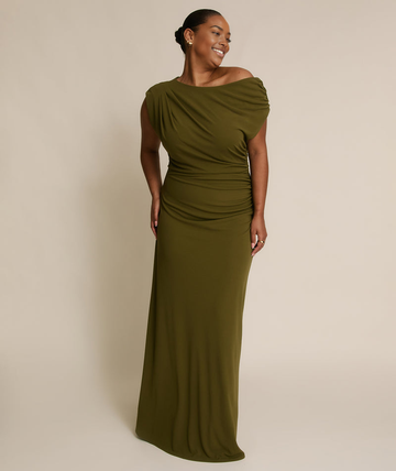 Elegant One-Shoulder Draped Maxi Dress Asymmetric Neck Stretch Fabric Bridesmaid Dress