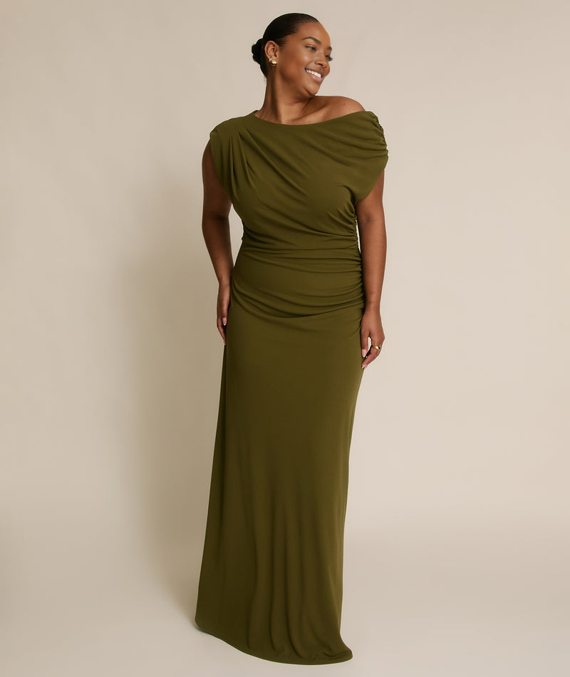 Elegant One-Shoulder Draped Maxi Dress Asymmetric Neck Stretch Fabric Bridesmaid Dress