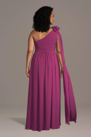 One-Shoulder Ruffle Waist Floral Streamer Chiffon Gown Floor Length Mother of the Bride Dress