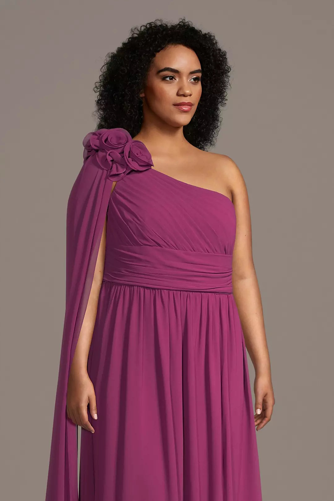 One-Shoulder Ruffle Waist Floral Streamer Chiffon Gown Floor Length Mother of the Bride Dress