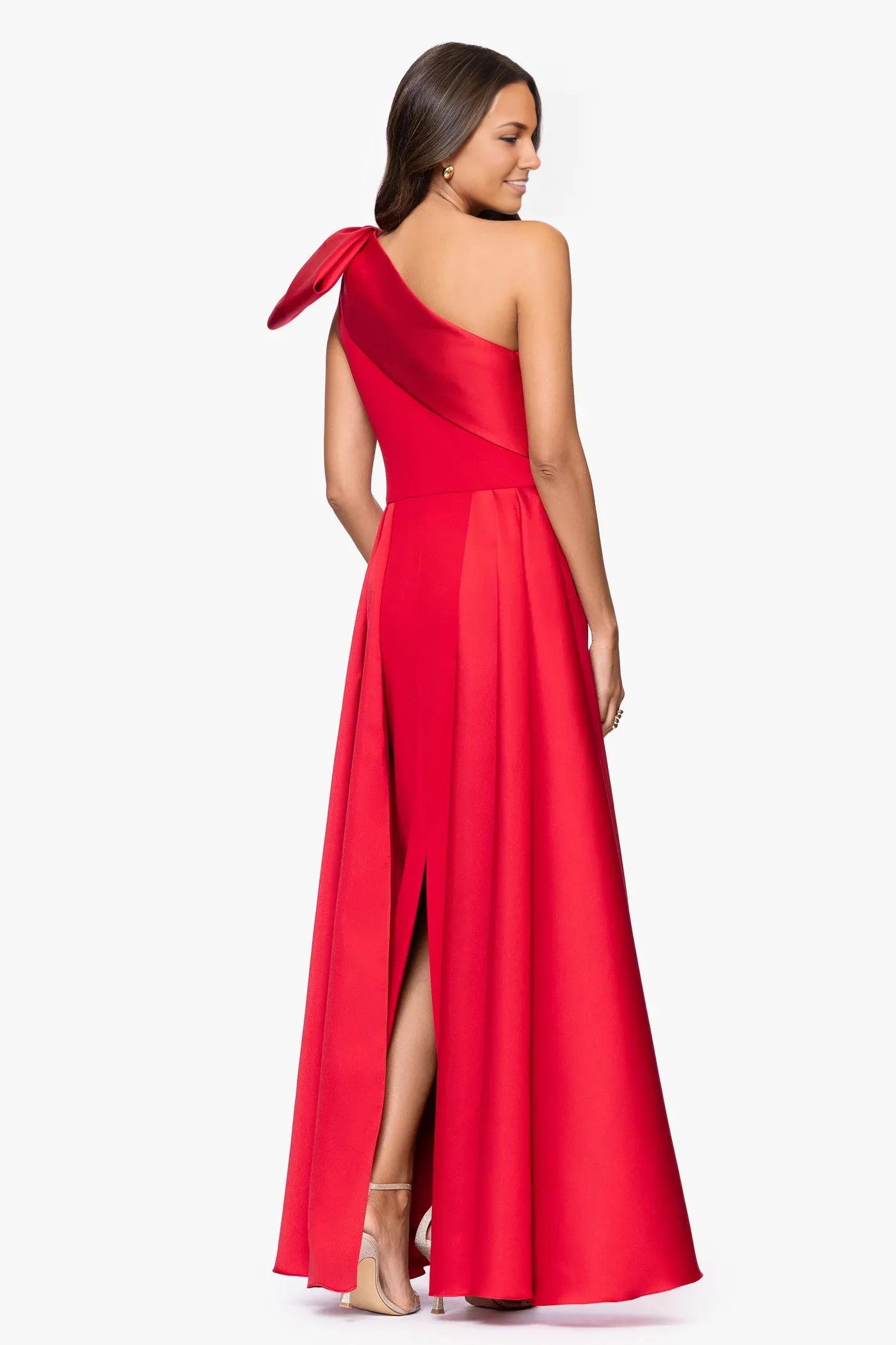 Asymmetrical One-Shoulder Crepe With Bow High Slit Formal Gown Mother of the Bride Dress