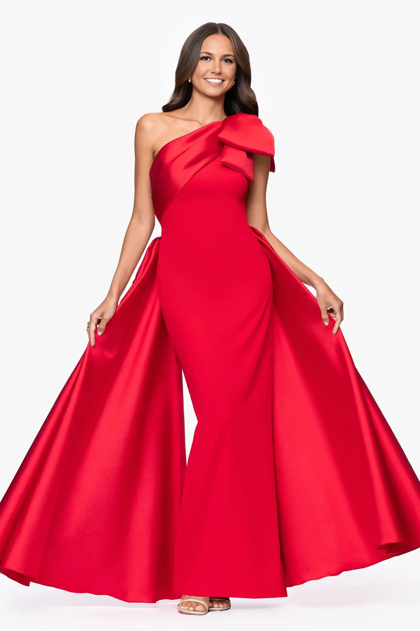 Asymmetrical One-Shoulder Crepe With Bow High Slit Formal Gown Mother of the Bride Dress
