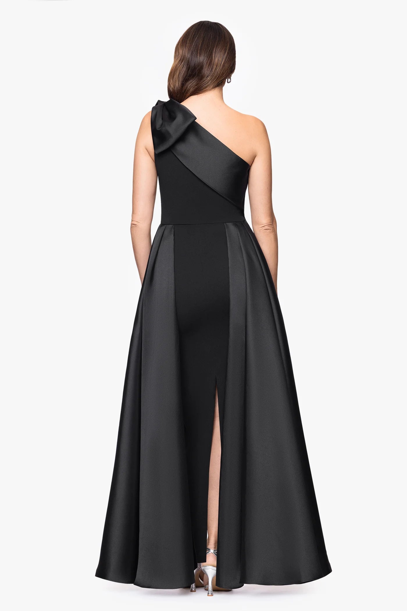 Asymmetrical One-Shoulder Crepe With Bow High Slit Formal Gown Mother of the Bride Dress