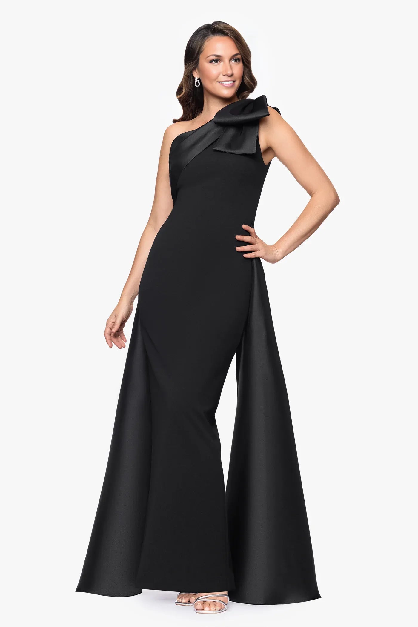Asymmetrical One-Shoulder Crepe With Bow High Slit Formal Gown Mother of the Bride Dress