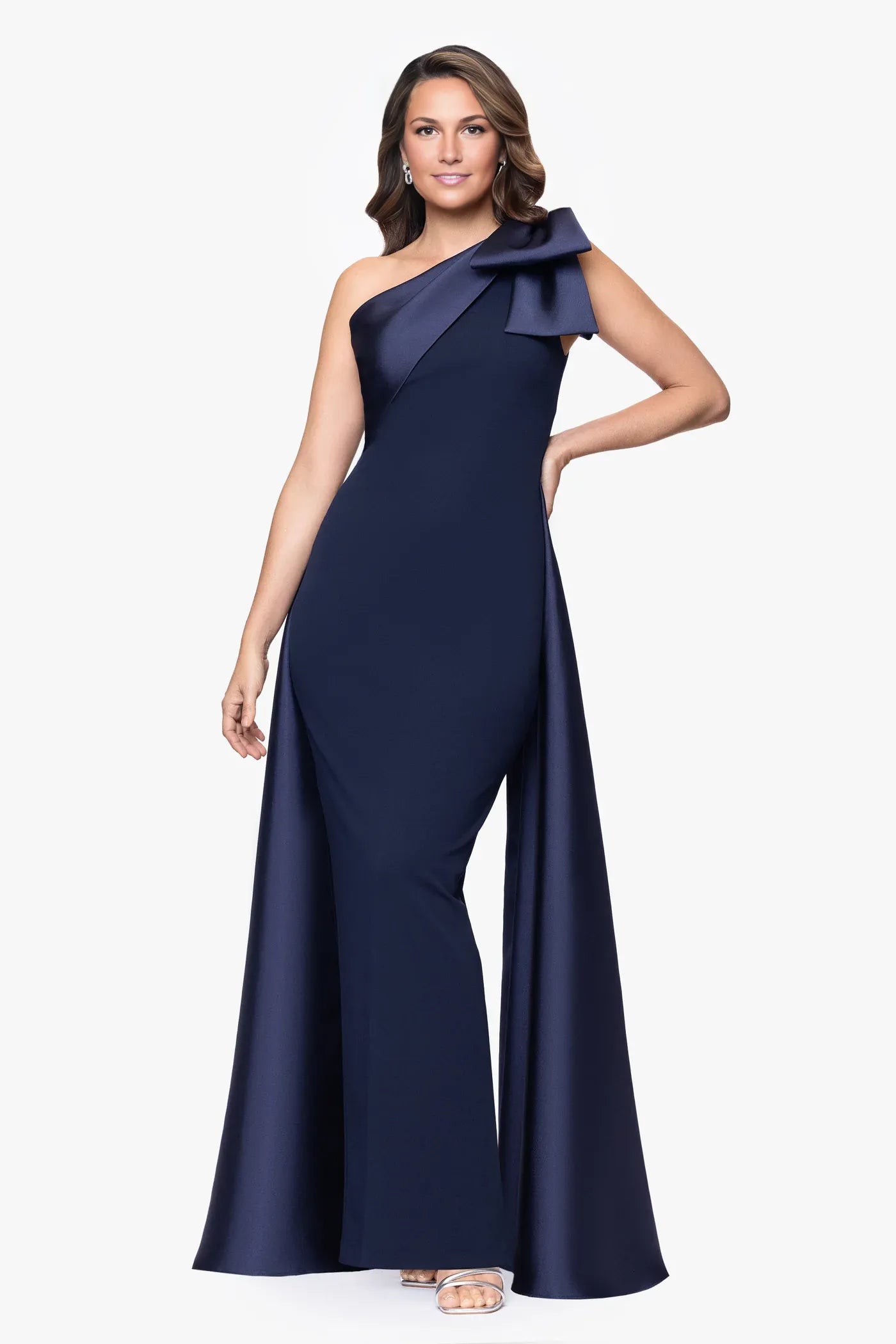 Asymmetrical One-Shoulder Crepe With Bow High Slit Formal Gown Mother of the Bride Dress
