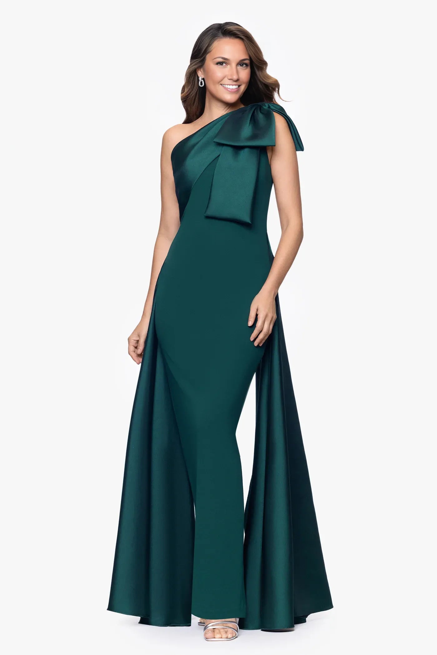 Asymmetrical One-Shoulder Crepe With Bow High Slit Formal Gown Mother of the Bride Dress