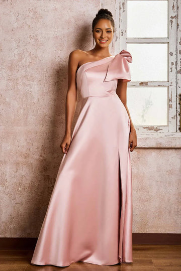 One Shoulder Bow Satin A-Line Slit Formal Maxi Dress